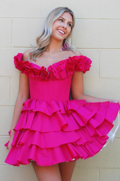 Cute Off the Shoulder Ruffle Tiered Short Homecoming Dresses MD4060203