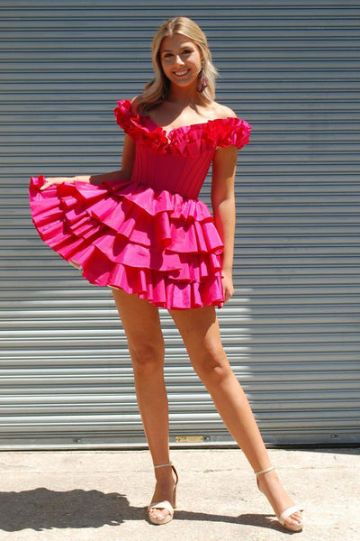 Cute Off the Shoulder Ruffle Tiered Short Homecoming Dresses MD4060203