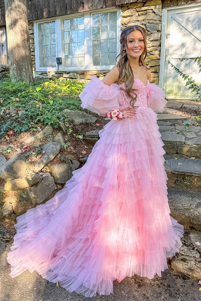 Fairy A Line V Neck Pink Tulle Long Prom Dresses with Appliques DM24101512