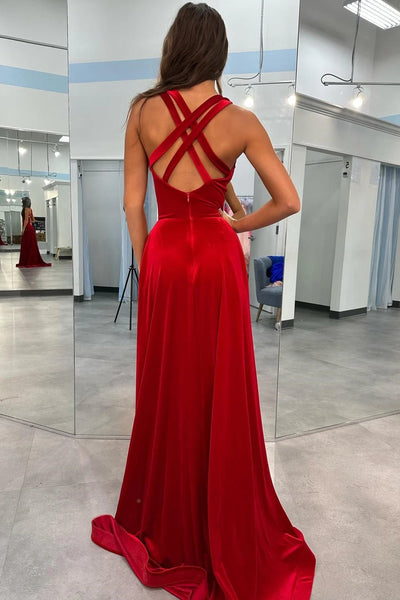 Red Velvet Plunge V Cross Back A-Line Long Formal Dress MD110903