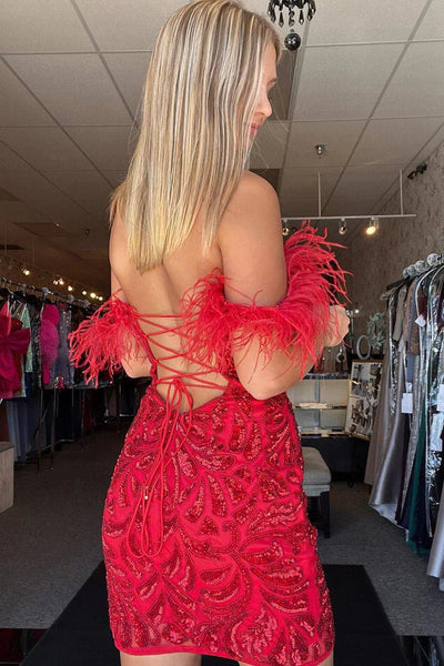 Bodycon Off the Shoulder Red Sequins Short Homecoming Dress with Feather MD091311