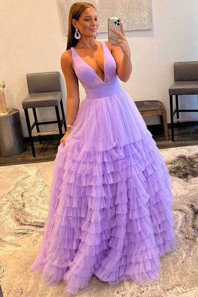 Multi-Tiered Lavender Plunge Neck A-Line Long Prom Dress MD092708
