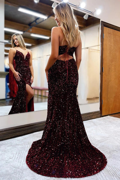 Black Lace-Up Back Sequis Mermaid Prom Dress with Slit MD092304