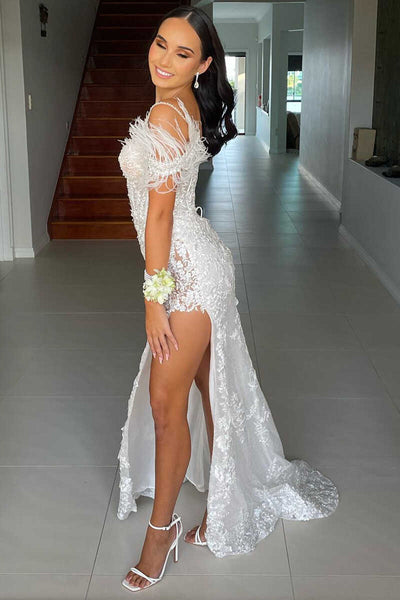 Blue Sequin Appliques Cold-Shoulder Long Prom Gown with Slit MD092709