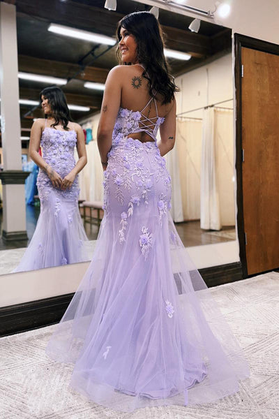 Mermaid Scoop Neck Lilac Lace Long Prom Dresses MD100409