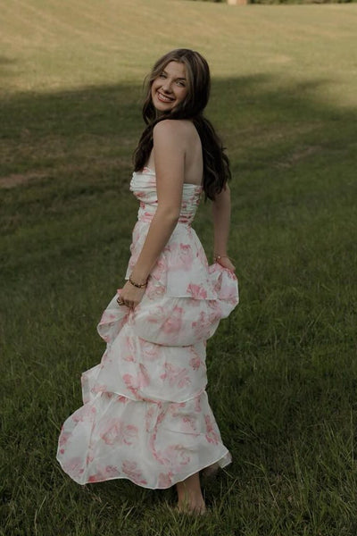 Cute A-Line Sweetheart Pink Floral Printed Layered Long Prom Dress DM25102807