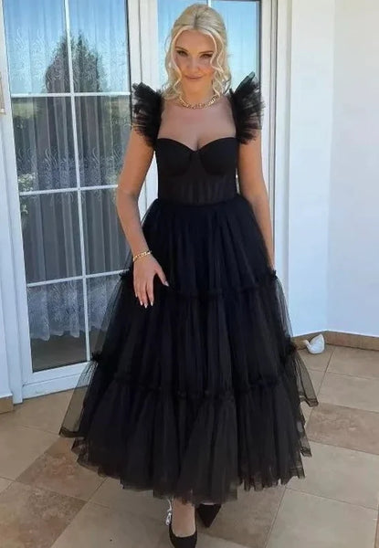 Black Tulle Ruffles Tea Length Formal Prom Party Dress MD100406