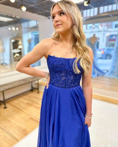 Elegant A-Line Royal Blue Chiffon Long Prom Dresses with Appliques DM25101607