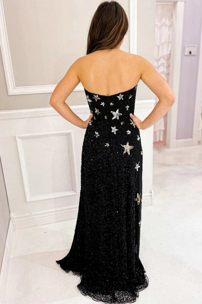 Sparkly Black Sheath Sequins Long Prom Dress with Slit MD092901