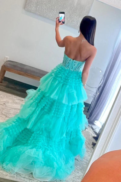 Aqua Blue Tulle Appliques Ruffle A-Line Long Prom Dress MD122505