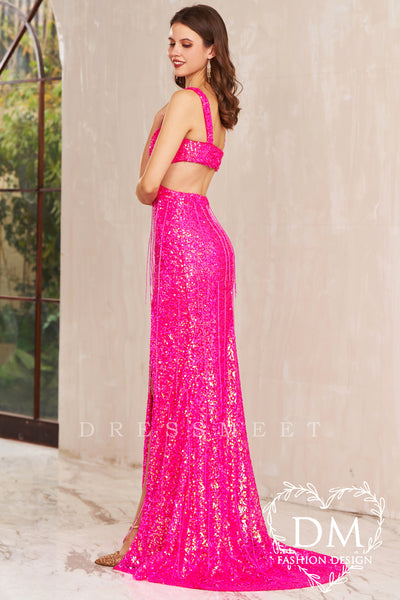 Fuchsia Sequins V Neck Mermaid Long Prom Dress with Fringe MD122403