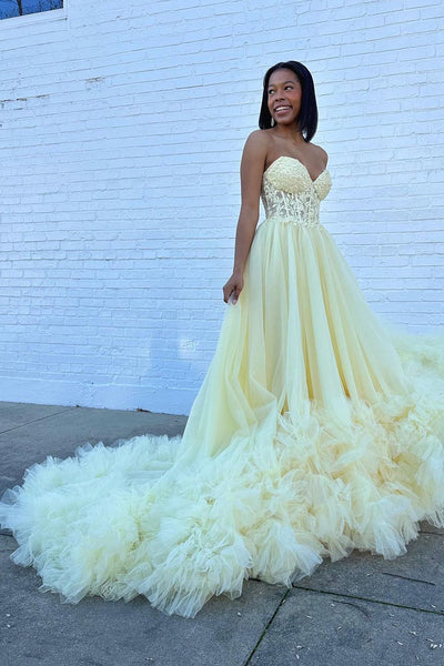 A-Line Sweetheart Yellow Ruffle Tulle Long Prom Dresses MD4011501