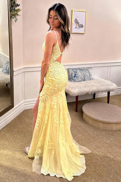 Spaghetti Straps Yellow Long Prom Dress with Appliques DM3082820