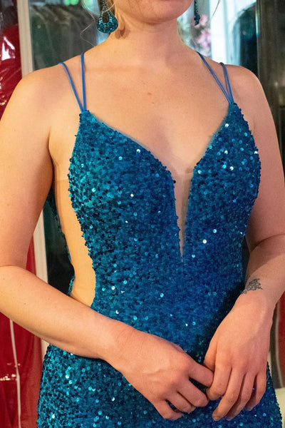 Blue Sequins Mermaid Long Prom Dress With Slit MD112901
