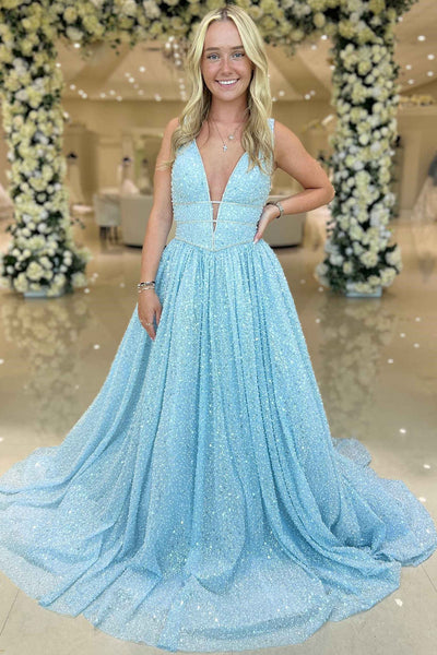 Plunging V Neck Light Blue Sequins A-Line Formal Dress Prom Gown MD110302