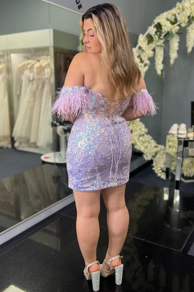 Purple Off-the-Shoulder Bodycon Cocktail Homecoming Dress with Sequin Appliques MD090401