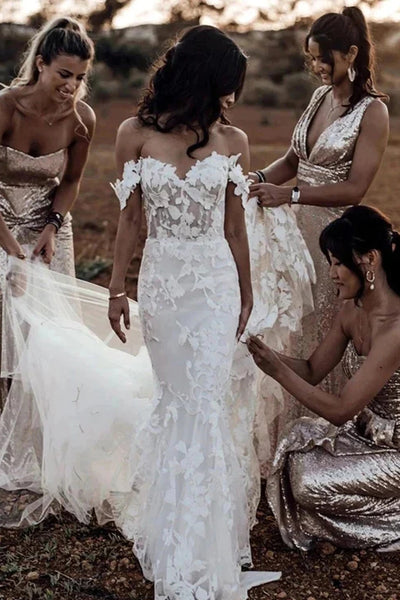 Charming Mermaid Off the Shoulder White Lace Wedding Dresses LD210402