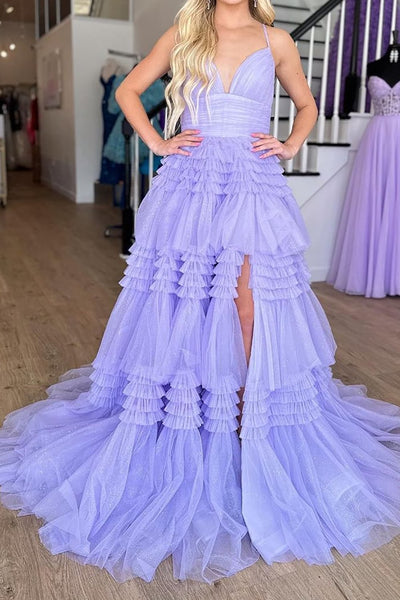 Gorgeous A Line Spaghetti Straps Lavender Long Prom Dress with Ruffles MD121702