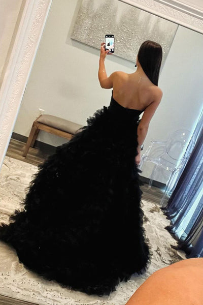 Black Sweetheart Ruffle Tiered Tulle Long Prom Dress with Slit MD4022301