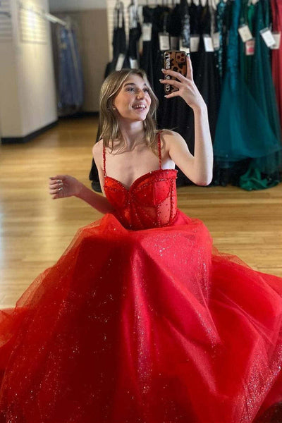 Glitter Red Straos Beaded A-Line Formal Dress with Slit MD121707