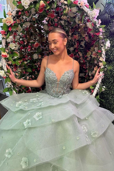 Green Sweetheart Ruffle Tiered Long Prom Dresses with Appliques MD4011701