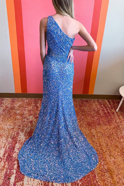 Mermaid One Shoulder Golden Sequins Long Prom Dress with Split Front MD100807