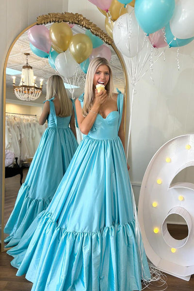 Light Blue Sweetheart Ruffle Satin Long Prom Dress MD4020804