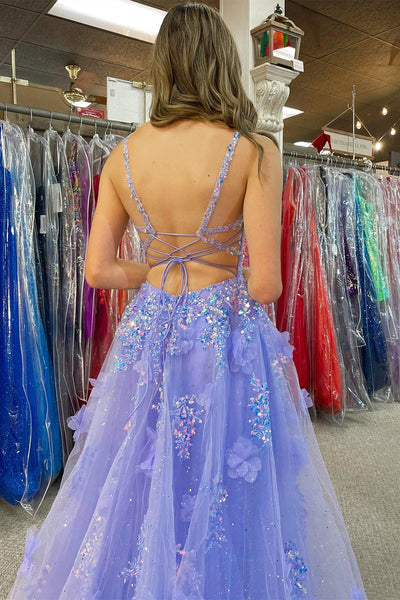 Lavender Tulle Appliques V-Neck A-Line Long Prom Dress with Slit MD121605