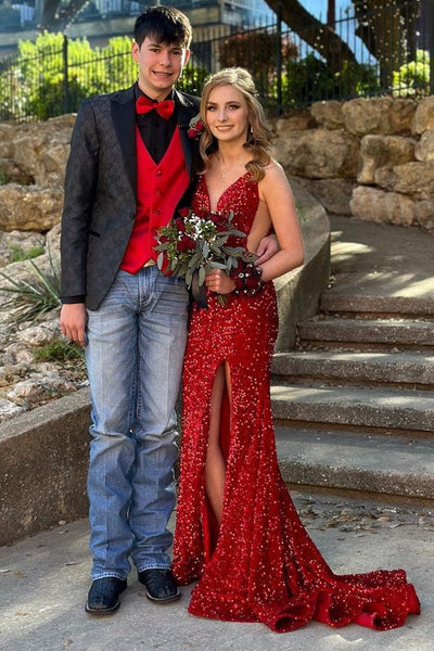 Red Sequin Sheer Mesh Mermaid Long Formal Dress with Slit MD111205