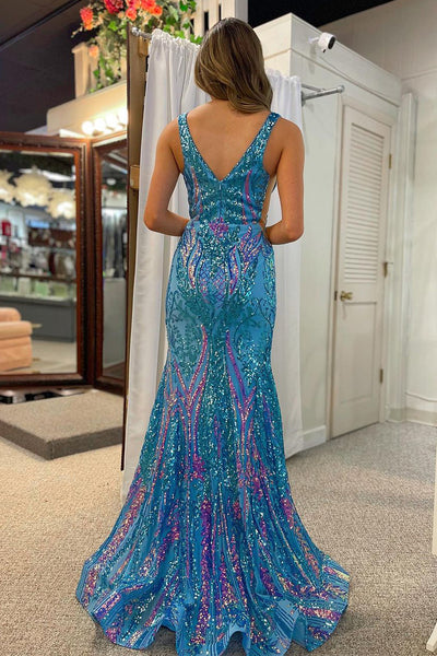 Mermaid V Neck Blue Sequins Lace Long Prom Dresses MD4011705