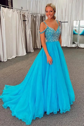 A Line Off the Shoulder Blue Long Prom Dress with Beading MD100207