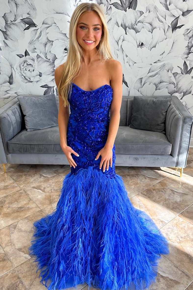 Royal Blue Feathers Beaded Strapless Trumpet Long Formal Gown MD093006 – Dressmeet