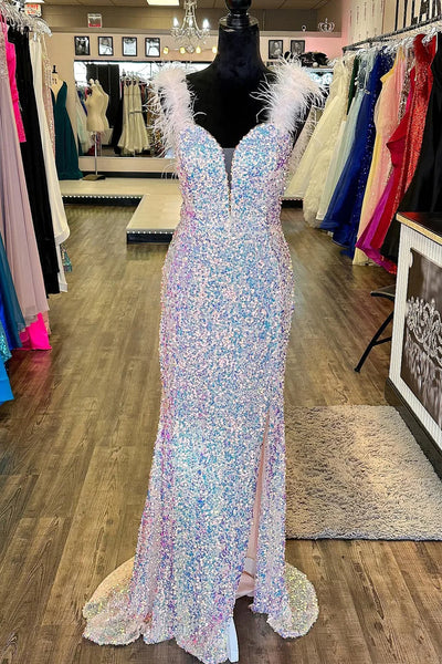 Sparkly White Mermaid Sequins Long Prom Dress with Feathers MD100309