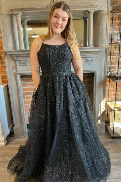 Glitter A-Line Lace Long Prom Dress with Pockets DM3082713