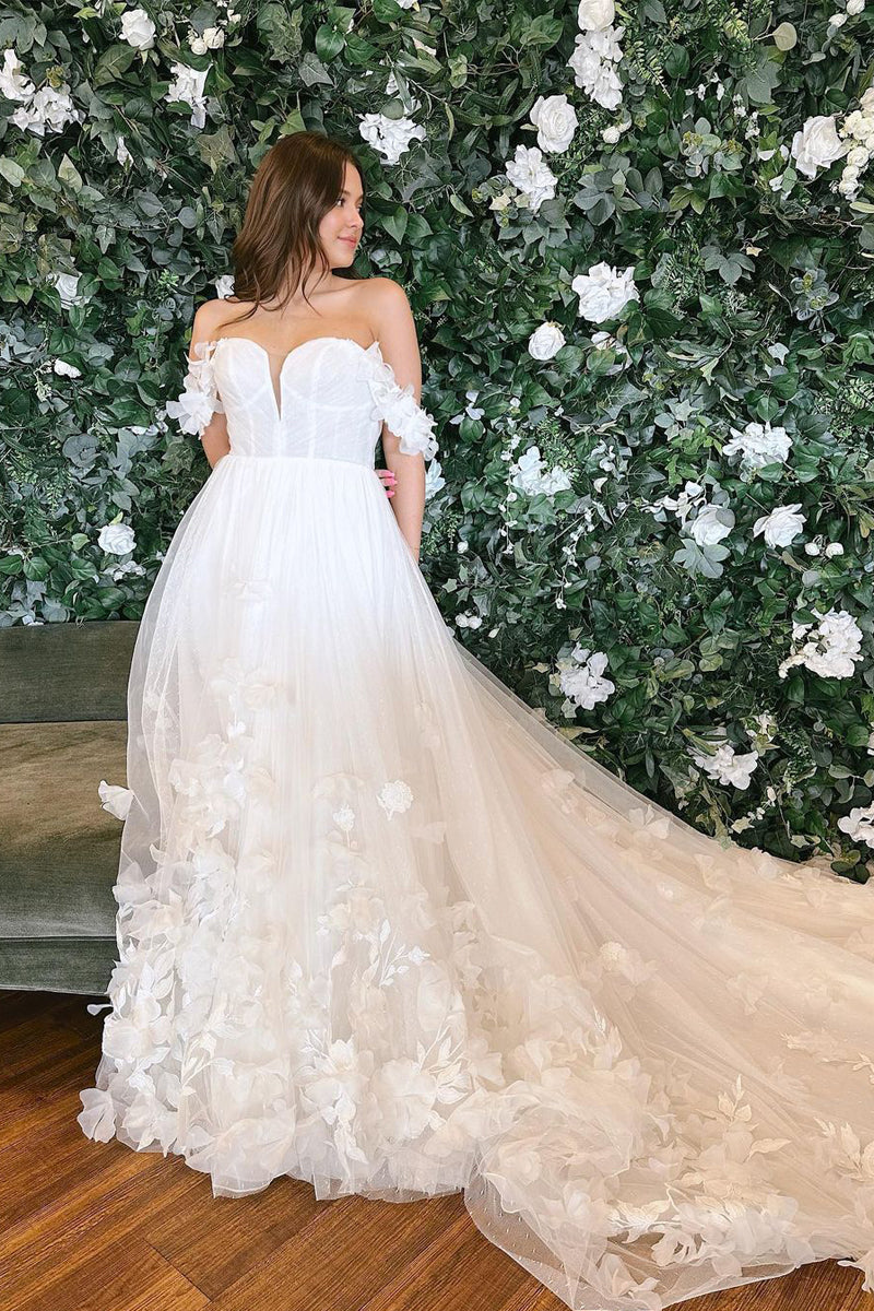 Fairy A Line Sweetheart Tulle Long Wedding Dresses with 3D Flowers DM090801 Dressmeet Fairy A Line Sweetheart Tulle Long Wedding Dresses with 3D Flowers DM090801 Dressmeet