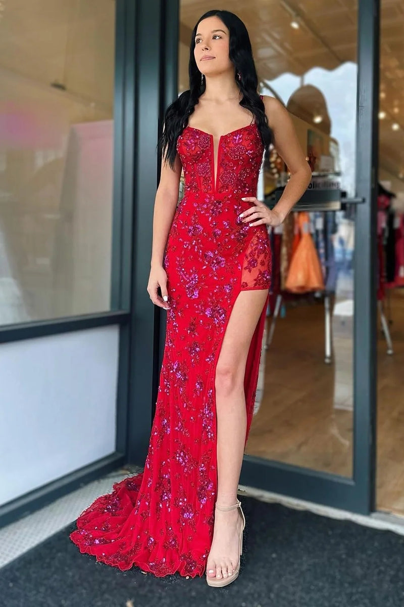 Red Sequins Mermaid Prom Dress V-Neck With Split Spaghetti-Straps