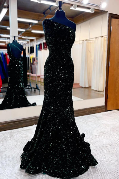 Mermaid One Shoulder Pink Sequins Long Prom Dresses MD091510