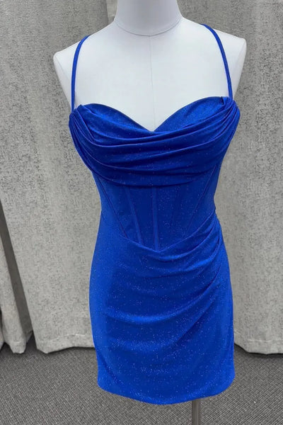 Glitter Bodycon Cowl Neck Red Short Homecoming Dresses DM24080818