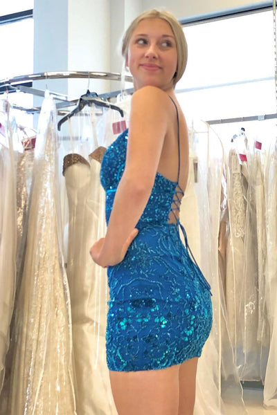 Beautiful Blue V-neck Spaghetti Straps Sleeveless Short Homecoming Dresses With Lace MD092209