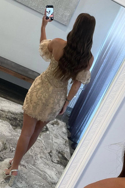 Glitter Fuchsia Detachable Short Sleeves Tight Lace Short Homecoming Dress MD090310