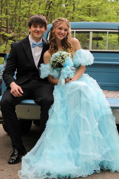 Light Blue A Line Off the Shoulder Tulle Corset Prom Dress with Bowknot DM3082718
