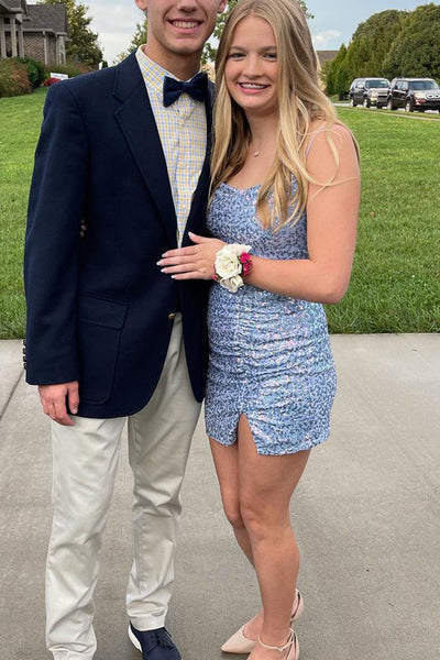 Bodycon Spaghetti Straps Blue Sequins Short Homecoming Dress MD4051703