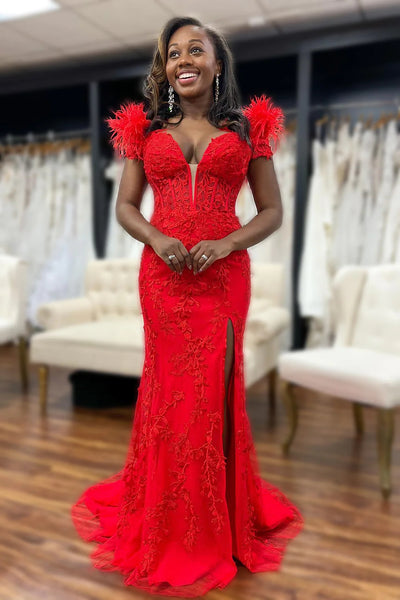Black Mermaid Lace Long Prom Dress with Feathers MD092310