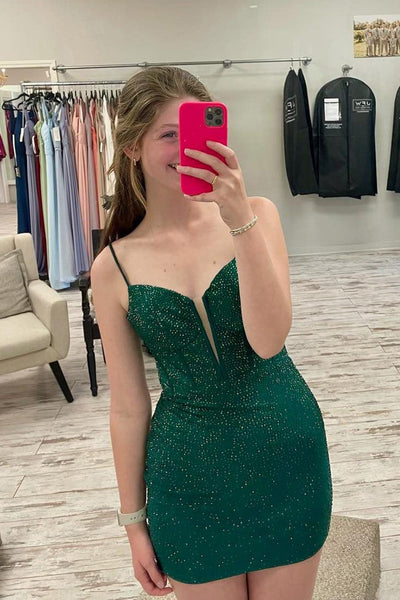 Bodycon Spaghetti Straps Green Beaded Short Homecoming Dress MD4050903