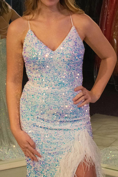 Glitter White Sequins Long Mermaid Prom Dress with Feathers MD112904