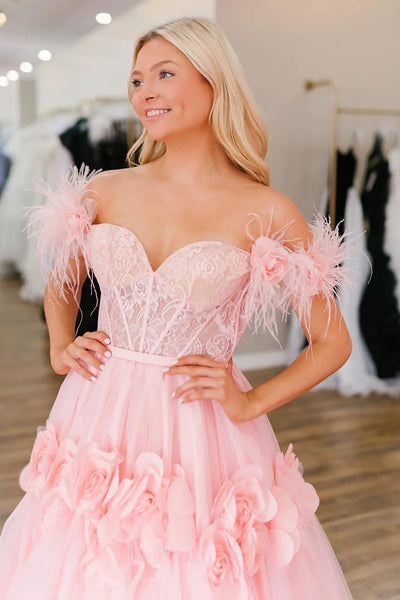 Princess A Line Off the Shoulder Pink Corset Prom Dress with Feather MD100206