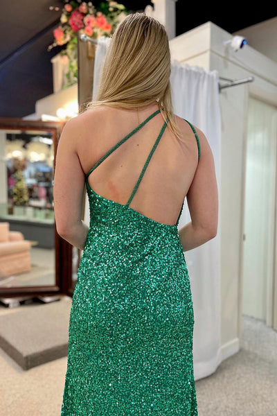Green Sequins One Shoulder Mermaid Long Prom Dress MD4010910