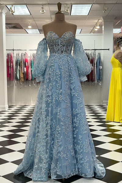 Sparkle Princess Lavender Bustier Puff Sleeve Lace Long Prom Gown MD092702