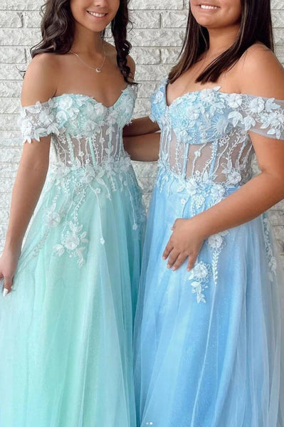 Tulle Applique Mint Green Off the Shoulder A line Evening Dresses Long Prom Dresses MD100401