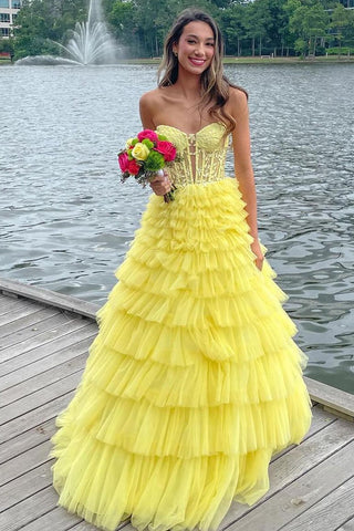 A-Line Strapless Yellow Ruffle Tiered Tulle Long Prom Dress with Appliques MD4051905
